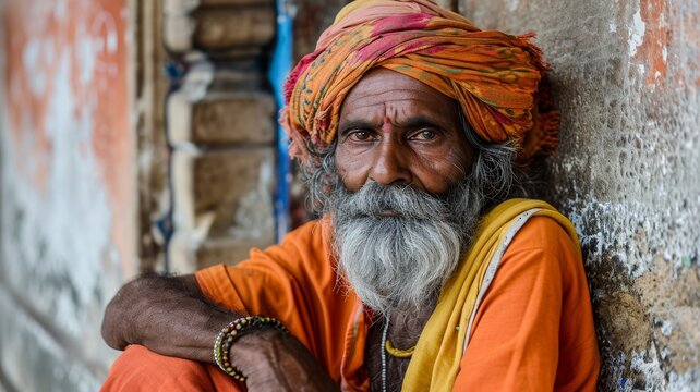 Indian Sadhu in Orange Robes with a Piercing Gaze Sitting Against a Graffiti Wall