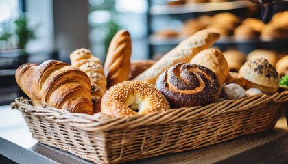 Assorted pastries and bread in a rustic wicker basket at a trendy bakery shop