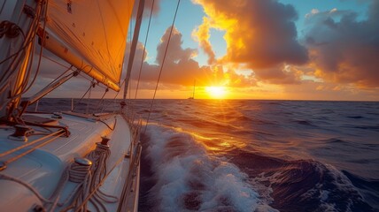 Sailboat Adventure at Sea: Experiencing a Breathtaking Sunset Amidst Ocean Waves"
