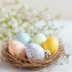 Happy Easter. Congratulatory easter background. Easter eggs and flowers. - 732668231