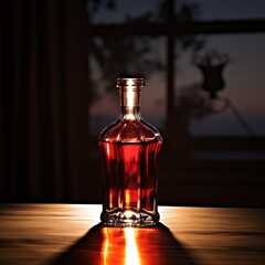 Red bottle of brandy or perfume on a table lit by soft warm backlight.