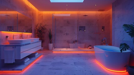 Modern and confortable bathroom illuminated by led strips, 3d render