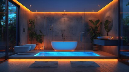 Modern and confortable bathroom illuminated by led strips, 3d render