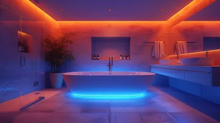 Foto auf Acrylglas Modern and confortable bathroom illuminated by led strips, 3d render © Nicola