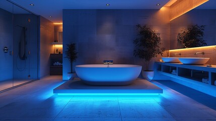 Modern and confortable bathroom illuminated by led strips, 3d render