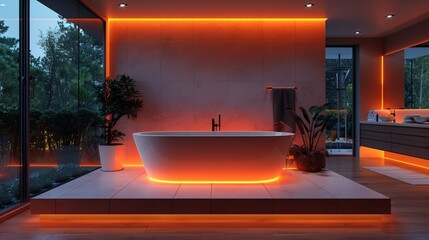 Modern and confortable bathroom illuminated by led strips, 3d render