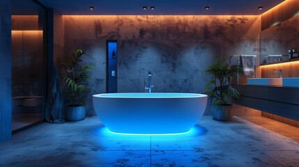Modern and confortable bathroom illuminated by led strips, 3d render