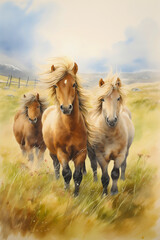 Painting of beautiful and cute Shetland ponies, mini horse breed with beautiful mane, group standing on a meadow, in Icelandic nature field, and looking at the camera - obrazy, fototapety, plakaty