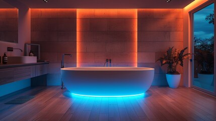 Modern and confortable bathroom illuminated by led strips, 3d render