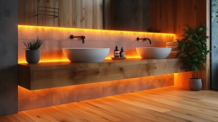 Modern and confortable bathroom illuminated by led strips, 3d render