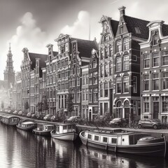 Monochrome drawing of Amsterdam canal