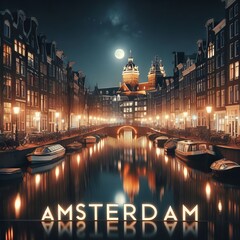 Illustration of Amsterdam canals at night