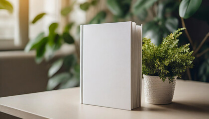 White book mockup with plant on beige table, symbolizing growth and knowledge. Perfect for educational or environmental concepts