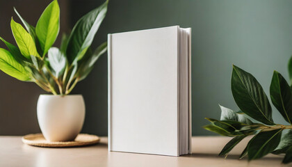 White book mockup with plant on beige table, symbolizing growth and knowledge. Perfect for educational or environmental concepts