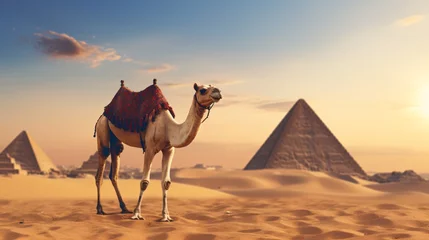 Photo sur Plexiglas Vieil immeuble majestic camel stands proudly before the backdrop towering pyramid.its stoic presence contrasting with the ancient grandeur the monument.With its hump silhouetted against the golden hue the desert sun