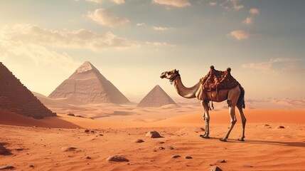 majestic camel stands proudly before the backdrop towering pyramid.its stoic presence contrasting with the ancient grandeur the monument.With its hump silhouetted against the golden hue the desert sun