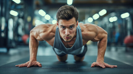 Front view closeup photography of a handsome, attractive and muscular young man doing a push up exercise on the floor, working out or training in a modern gym interior room, wearing shirt and shorts - obrazy, fototapety, plakaty
