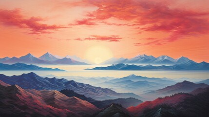 a painting of a mountain evening setting in the distance and a red and blue sky in the background 