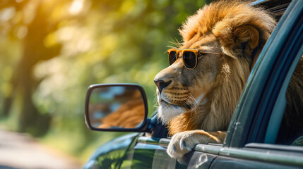 Lion wearing sunglasses side view photography, wind in his mane, enjoying the car ride on a sunny summer day, vacation trip or travel, driving a vehicle