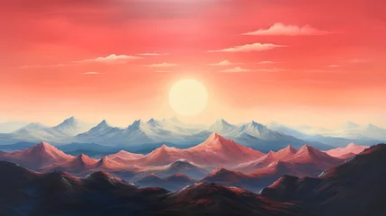 Fotobehang a painting of a mountain evening setting in the distance and a red and blue sky in the background  © Ilmi