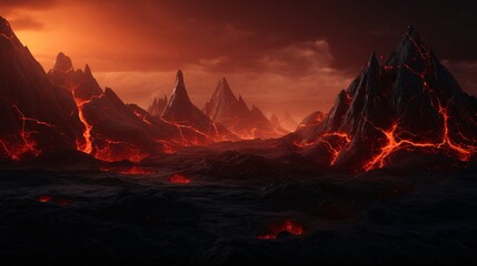 The molten lava flows relentlessly,fiery river carving its path through the rugged terrain with unstoppable force.Its incandescent glow casts an eerie light across the landscape, painting surroundings