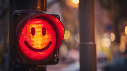 Closeup photography of a smiley face drawing on a red traffic semaphore light or lamp outdoors on a city street at night or in the evening, transport safety regulation for drivers, led stoplight - obrazy, fototapety, plakaty