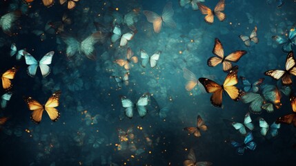 Fototapeta na wymiar Many flocks of butterflies flutter gracefully through the air,their delicate wings painting the sky with a kaleidoscope of colors. Amidst their mesmerizing dance,there is ample space for text to weave