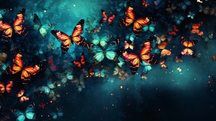 Fototapeta na wymiar Many flocks of butterflies flutter gracefully through the air,their delicate wings painting the sky with a kaleidoscope of colors. Amidst their mesmerizing dance,there is ample space for text to weave
