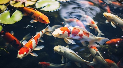 Many koi fish gracefully glide through the tranquil waters, their vibrant colors shimmering beneath the surface like living jewels. In this serene aquatic world, the koi create a mesmerizing spectacle