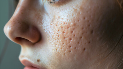 A woman's face or cheek skin closeup or macro view of acne scars. Female person facial skin inflammation or irritation, pimples or spots, infections allergy