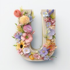 Letter U made in 3d shape and covered with colorful soft pastel color blooming flowers with clean white background.