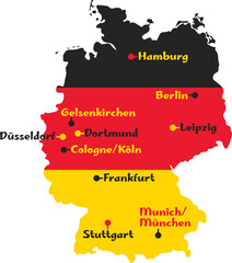 Germany country map with Euro Championship 2024 host cities. European football tournament stadium locations