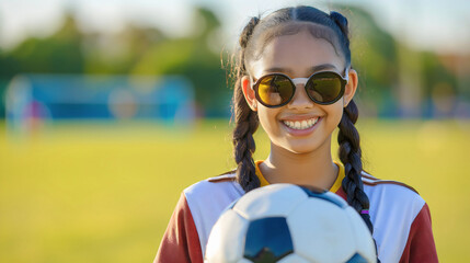 A beautiful young teenager girl holding a soccer ball, looking at the camera, wearing sunglasses and standing outdoors on a sunny soccer field during the summer. Active female teen,goal net behind her