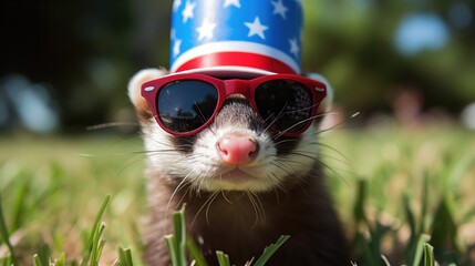 Playful Ferret Wearing Fourth of July Top Hat