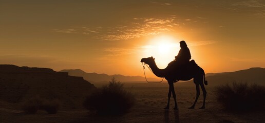 Silhouette of a man riding a camel against the sun. Adventure of hot desert. Tourism background. Generative AI