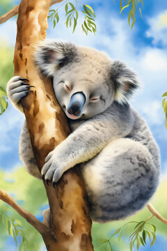 Cute and lazy gray Australian koala bear sleeping on the eucalyptus tree branch, wildlife watercolor painting, exotic animal, sunny day
