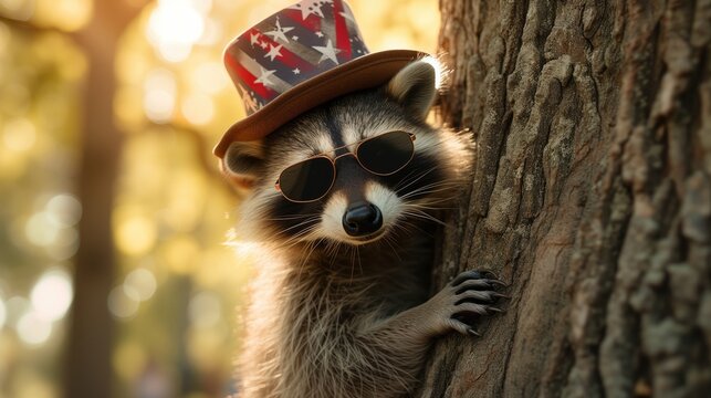 Mischievous Raccoon in Patriotic Top Hat and Sunglasses Behind Tree - Powered by Adobe