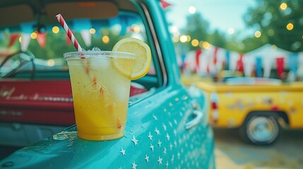 Close-Up of Refreshing Lemonade in Vintage Pickup Mobile Stand