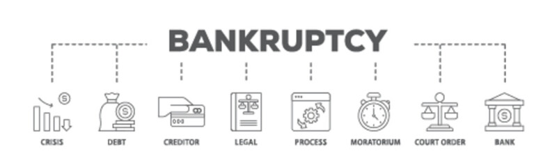 Bankruptcy banner web icon illustration concept with icon of bank ,court order, legal, moratorium, process, creditor, debt, crisis icon live stroke and easy to edit  - obrazy, fototapety, plakaty