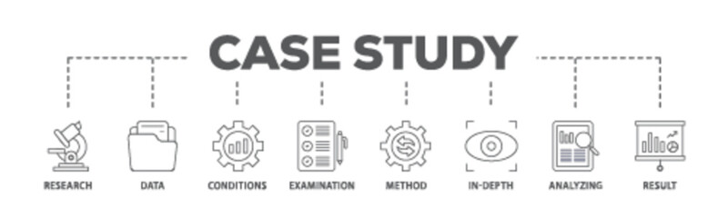 Case study banner web icon illustration concept with icon of research, data, conditions, examination, method, in depth, analyzing, and result icon live stroke and easy to edit 