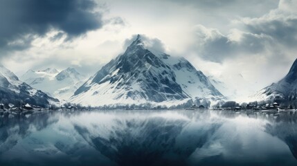 Fototapeta na wymiar a snowy mountain range with a lake surrounded by snow covered mountains in the foreground and a cloudy sky in the background. Wallpaper, Travel banner