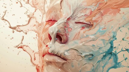 Face of a young woman in pastel colors paint splashes. Splashes of colored liquid around a female's head on beige background