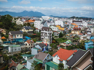 Dalat city, Vietnam, View of many houses from hill, Cityscape, Many houses. The architecture of...