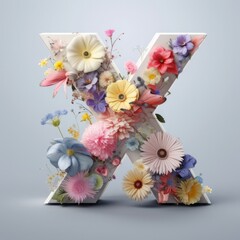 Capital letter X made in 3d shape and covered with colorful soft pastel color blooming flowers with clean soft background.