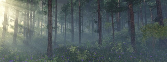 Obraz premium Forest in the morning in a fog in the sun, trees in a haze of light, glowing fog among the trees, 3D rendering