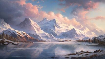 a snowy mountain range with a lake surrounded by snow covered mountains in the foreground and a cloudy sky in the background. Wallpaper, Travel banner - obrazy, fototapety, plakaty