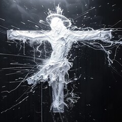 Jesus Christ with a crown of thorns on his head in white paint on a black background
