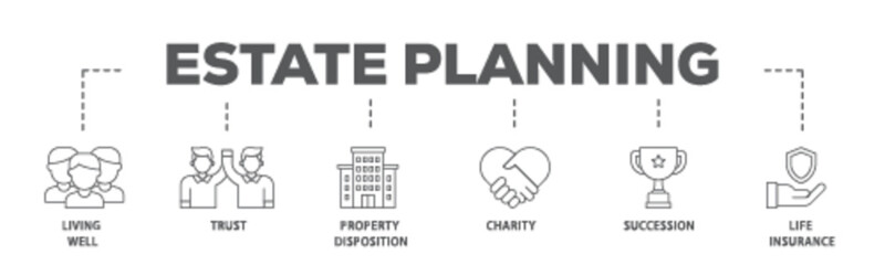 Estate planning banner web icon illustration concept with icon of living well, trust, property disposition, charity, succession, life insurance icon live stroke and easy to edit 