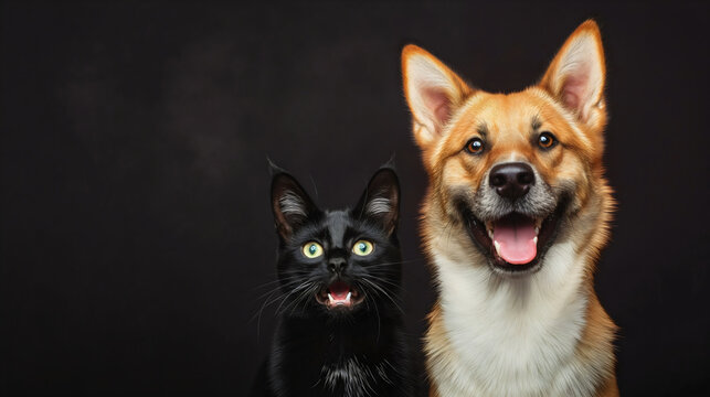 Closeup studio portrait photography of a friendly happy Icelandic Sheepdog dog and black cat pets together