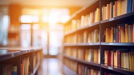 Blurred empty library interior space. Blurry classroom with bookshelves. background or backdrop in book shop business or education